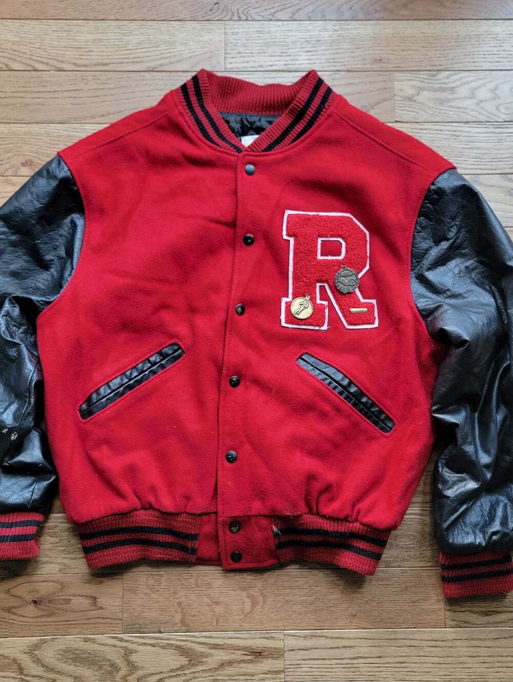 Vintage 80s 90s Red Wool Varsity Jacket with Black Leather Sleeves